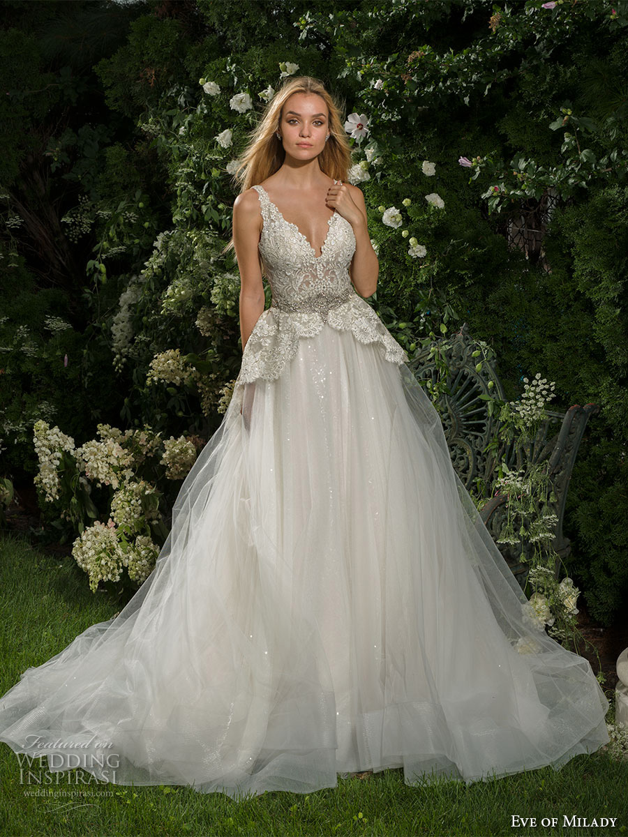 eve of milady fall 2016 bridal sleeveless emebellished strap v neck heavily embellished bodice tulle skirt romantic princess a  line wedding dress low v back chapel train (1561) mv