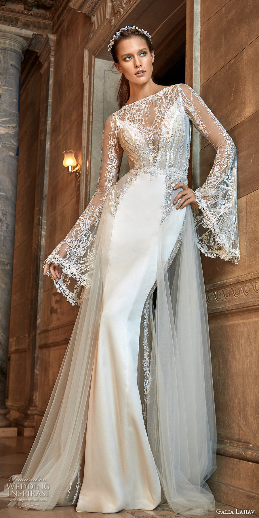 galia lahav fall 2017 bridal long bell sleeves illusion bateau deep plunging sweetheart neckline satin skirt elegant sheath wedding dress keyhole back chapel train (penelope) mv