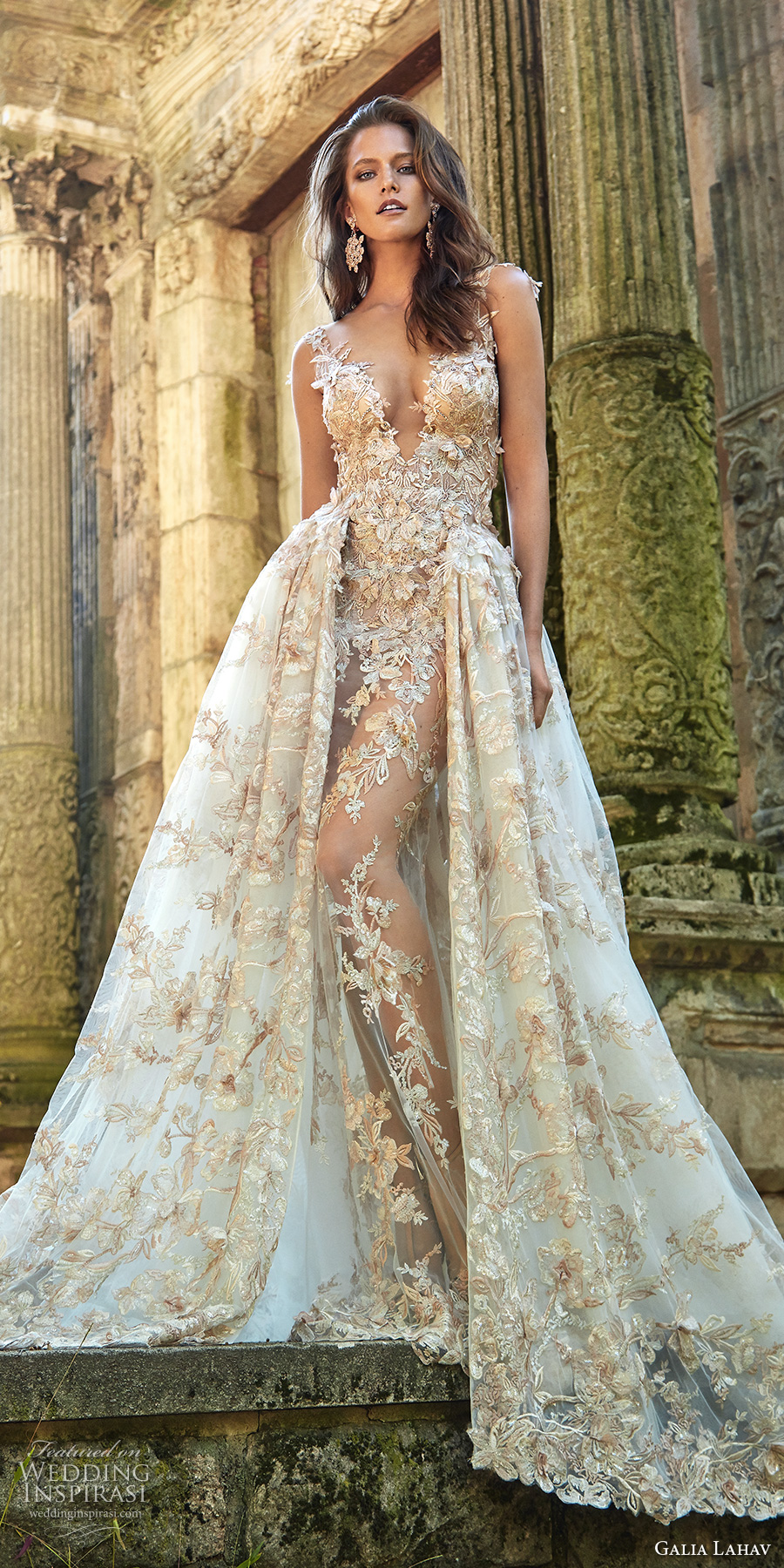 galia lahav fall 2017 bridal sleeveless deep plunging v neck full embellishment sexy princess ball gown a  line wedding dress overskirt illusion low back chapel train (lilyrose) mv