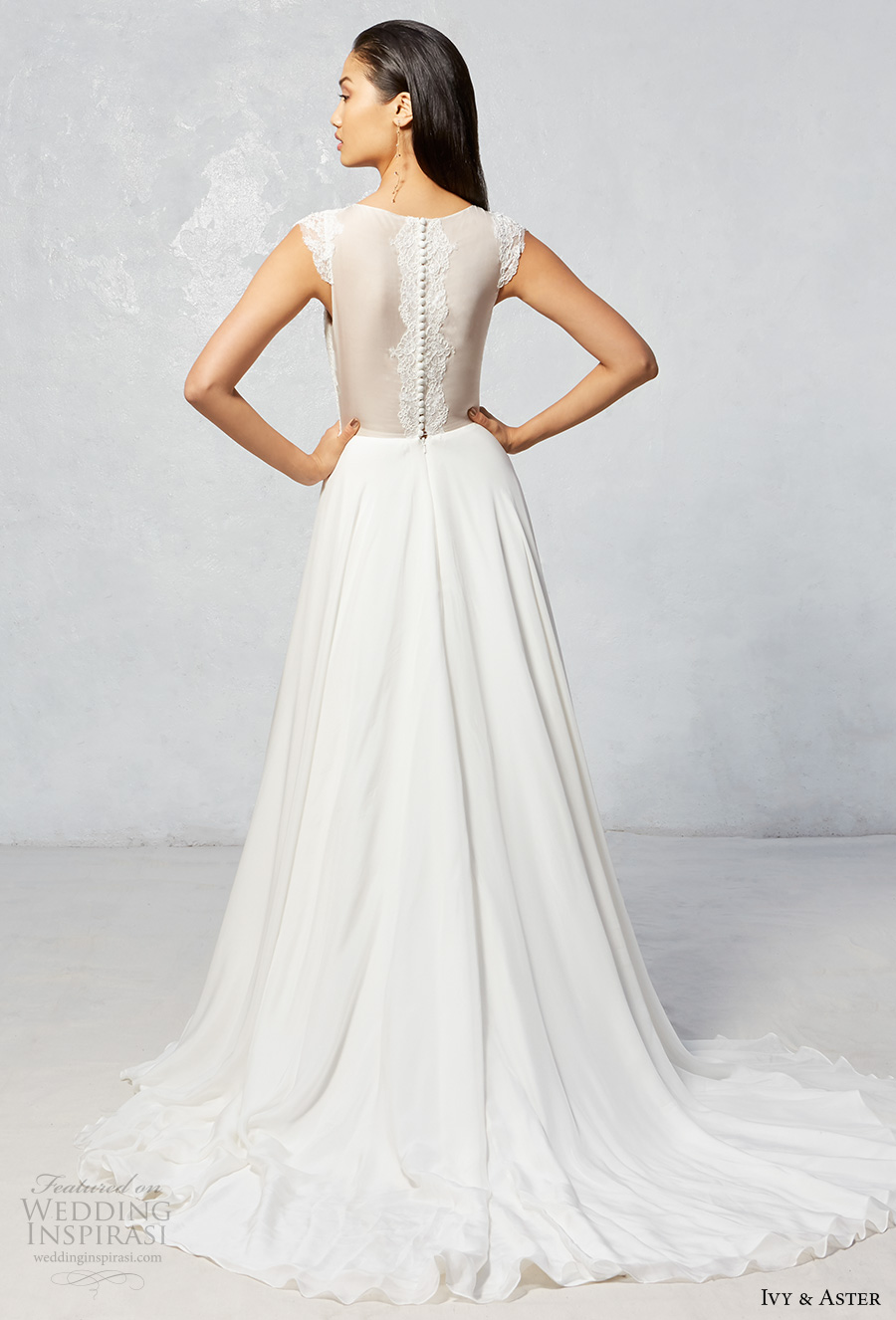 ivy aster fall 2017 bridal cap sleeves illusion boat neckline deep v neck lightly embroidered bodice flowy skirt a  line wedding dress sheer back chapel train (skype) bv