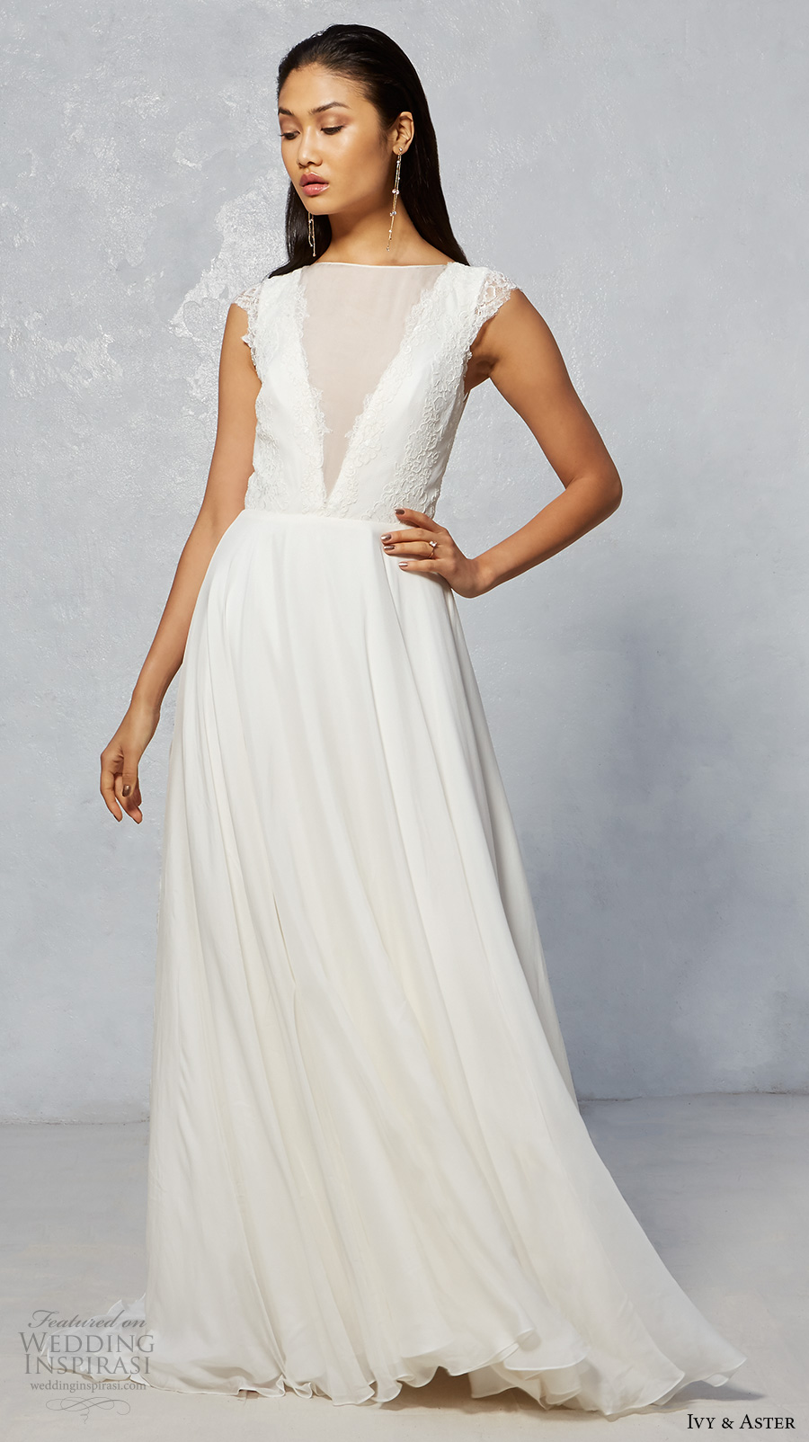 ivy aster fall 2017 bridal cap sleeves illusion boat neckline deep v neck lightly embroidered bodice flowy skirt a  line wedding dress sheer back chapel train (skype) mv