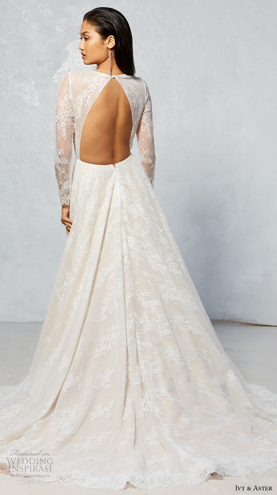 ivy aster fall 2017 bridal lace long sleeves illusion jewel neck deep v neckline full embroidered romantic ivory color a  line wedding dress keyhole back chapel train (jay) bv