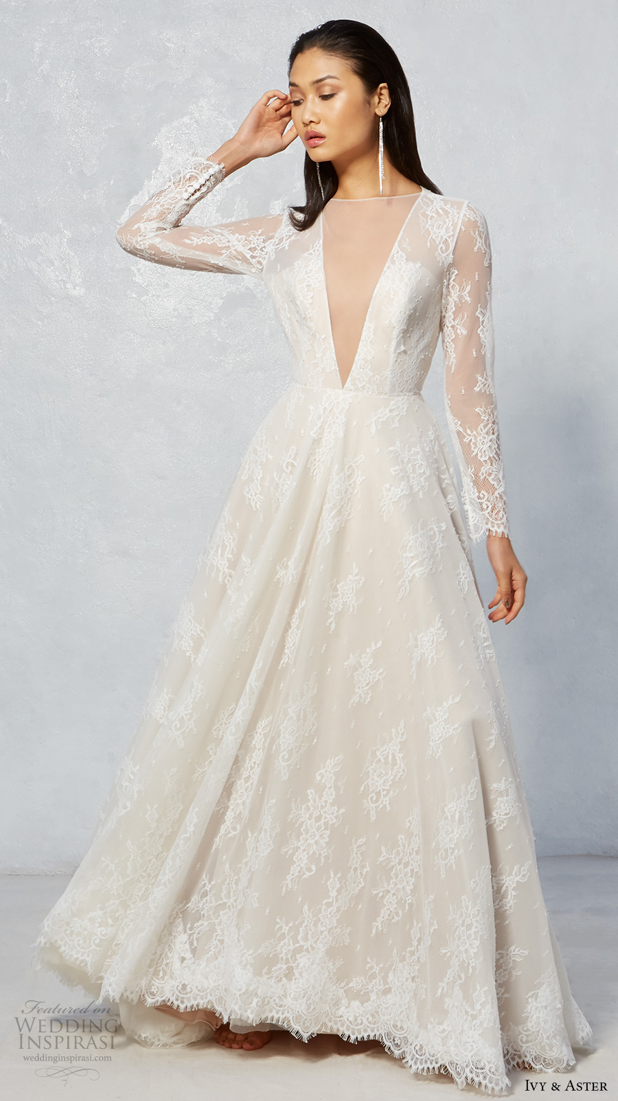 ivy aster fall 2017 bridal lace long sleeves illusion jewel neck deep v neckline full embroidered romantic ivory color a  line wedding dress keyhole back chapel train (jay) mv