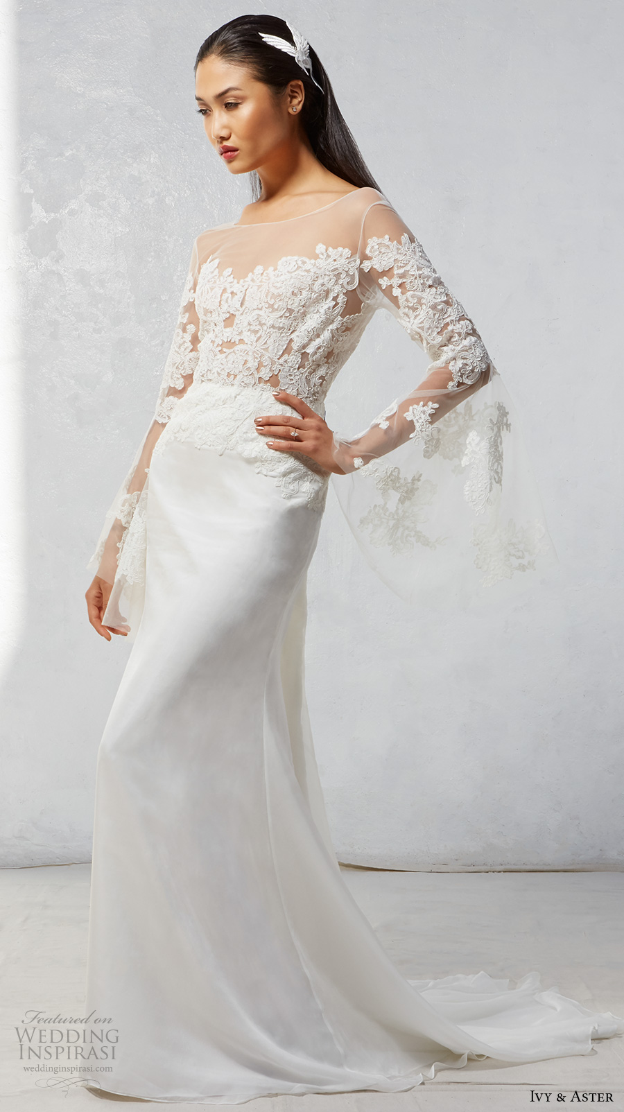 ivy aster fall 2017 bridal long bell sleeves illusion bateau sweetheart neckline heavily embroidered bodice elegant romantic modified a  line wedding dress chapel train (luna) mv