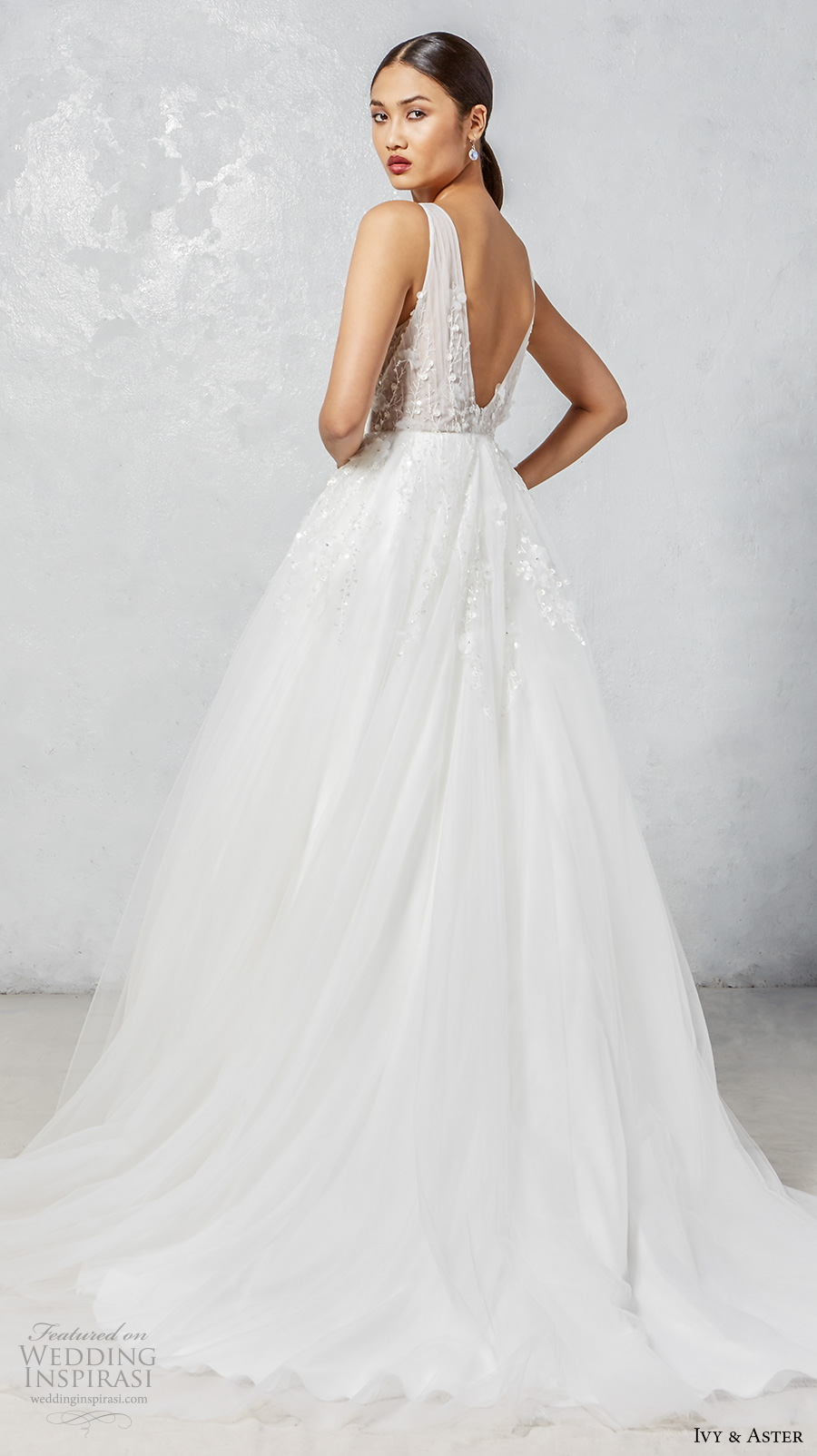 ivy aster fall 2017 bridal sleeveless deep v neck embellished bodice romantic a  line wedding dress open v back chapel train (faye) bv