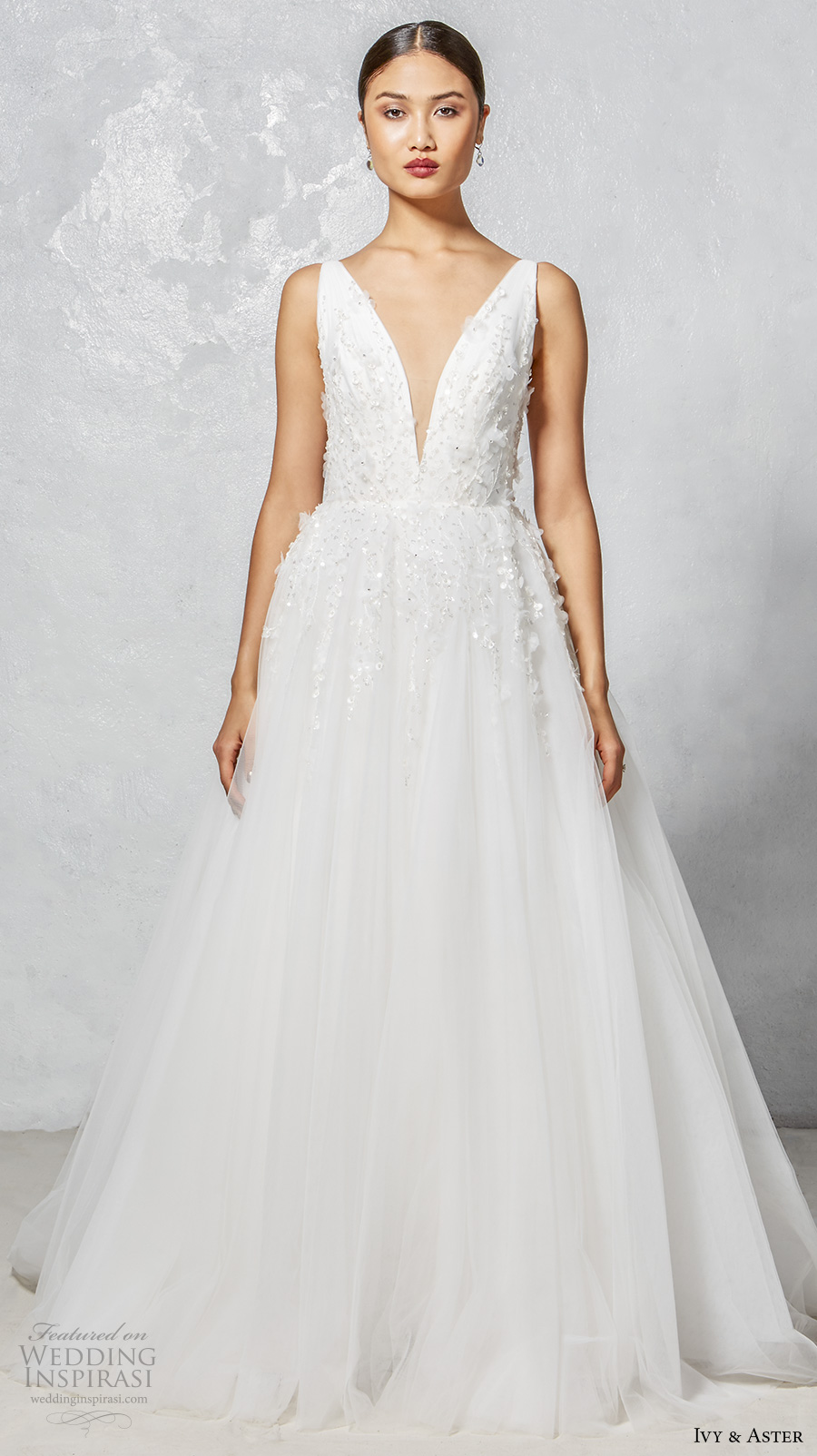 ivy aster fall 2017 bridal sleeveless deep v neck embellished bodice romantic a  line wedding dress open v back chapel train (faye) mv