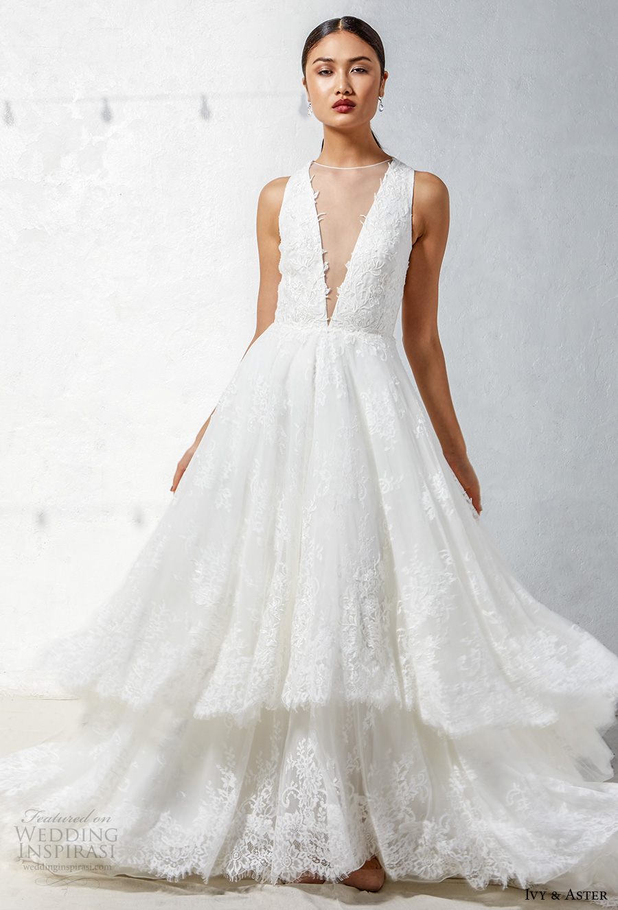 ivy aster fall 2017 bridal sleeveless illusion jewel deep v neck heavily embroidered bodice romantic princess layered skirt a  line wedding dress illusion lace back chapel train (halle) mv