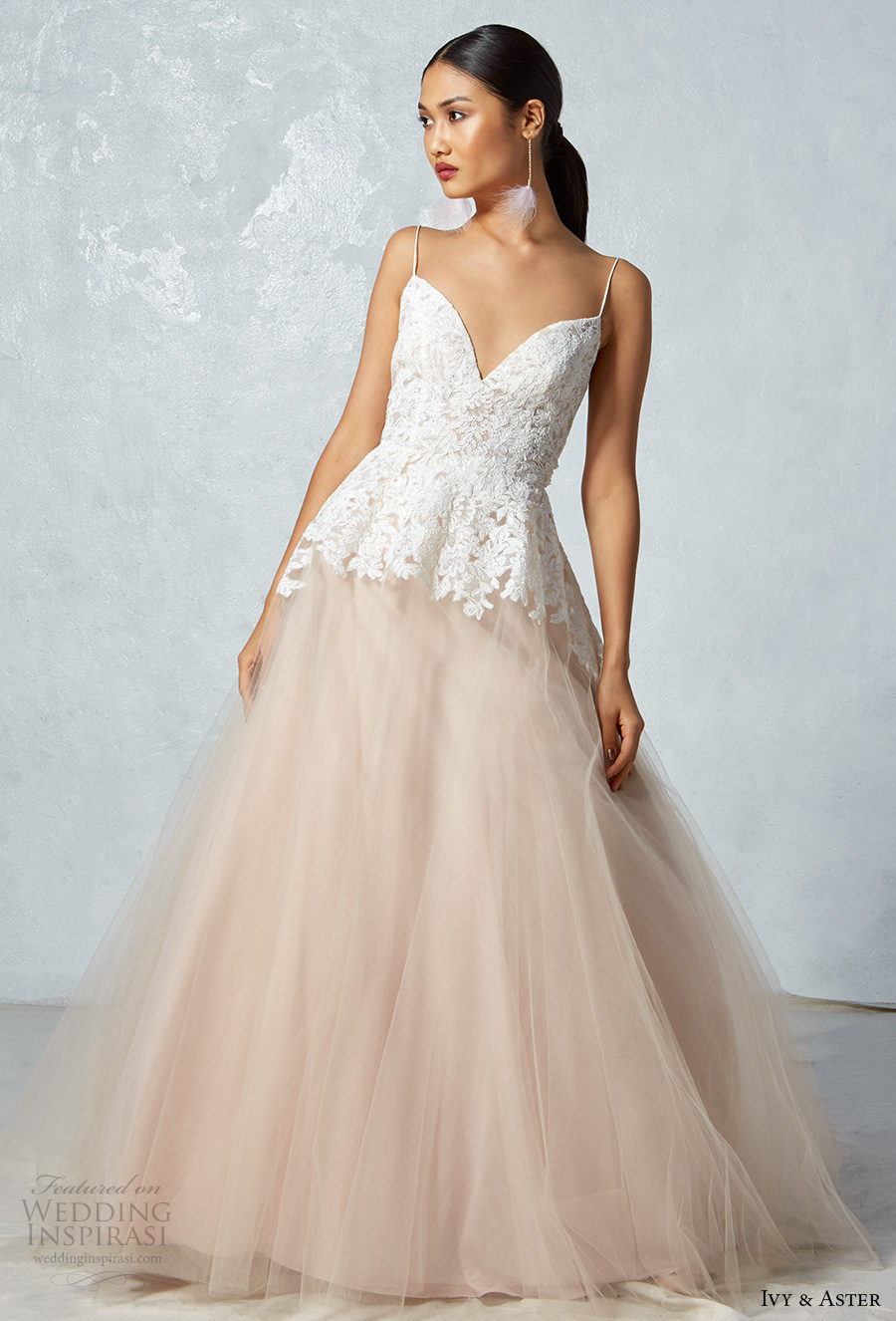 ivy aster fall 2017 bridal sleeveless spagetti strap sweetheart neckline heavily embroidered bodice blush tulle skirt romantic a  line wedding dress low back chapel train (ophelia) mv