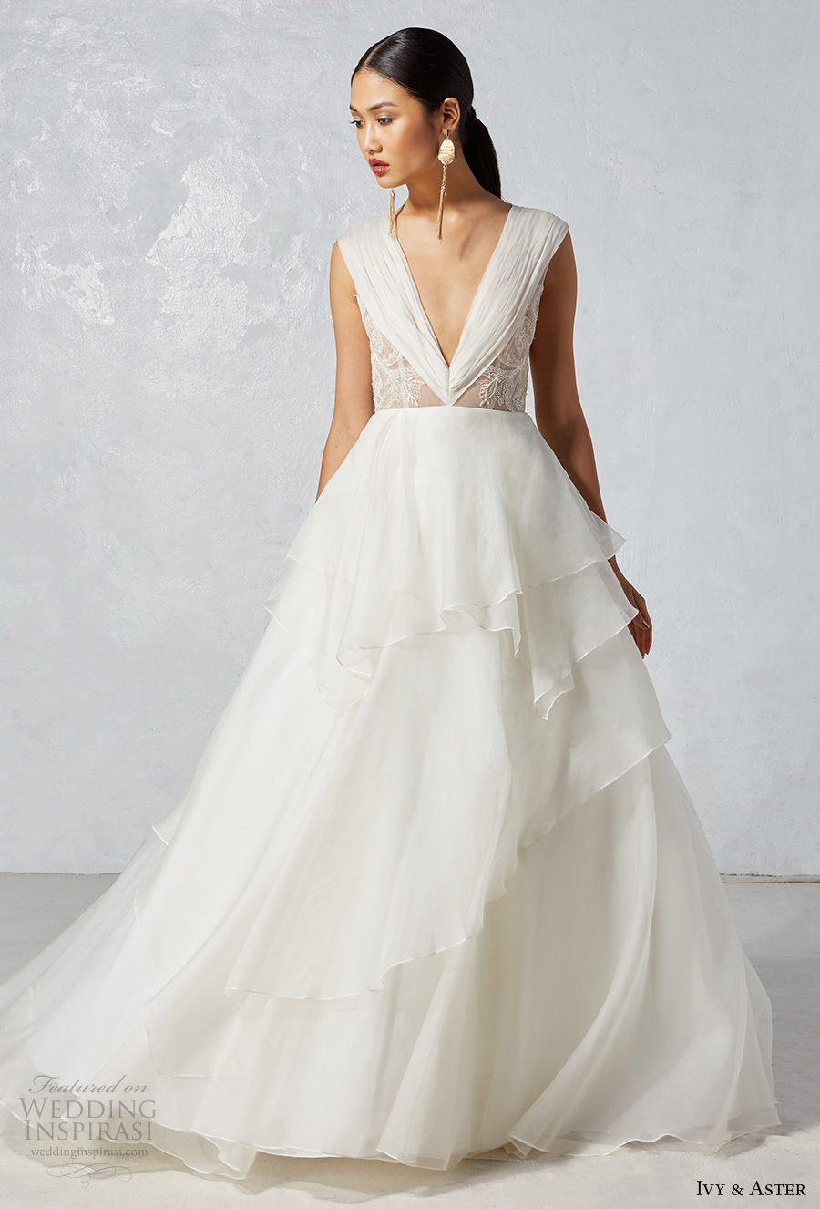 ivy aster fall 2017 bridal sleeveless v neck ruched bodice layered skirt romantic a  line wedding dress sheer back chapel train (cooper) mv