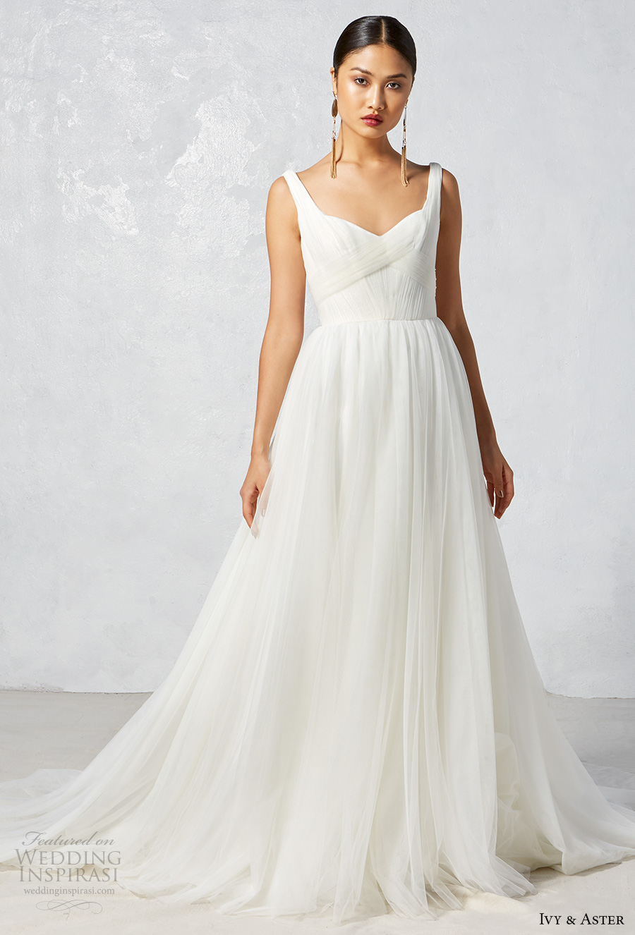 ivy aster fall 2017 bridal sleeveless with strap sweetheart neckline ruched bodice tulle skirt romantic a  line wedding dress open scoop back chapel train (leila) mv