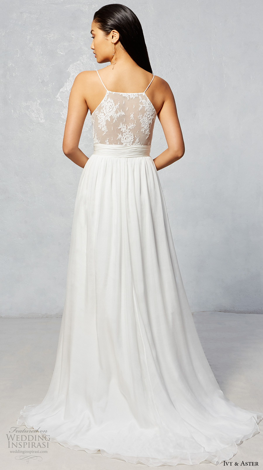 ivy aster fall 2017 bridal spagetti strap scallop straight across neckline lace romantic side slit a  line wedding dress lace back sweep train (wren) bv