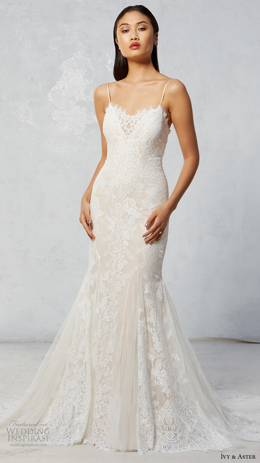 ivy aster fall 2017 bridal spagetti strap sweetheart neckline full embroidered elegant fit and flare mermaid wedding dress chapel train (talia) mv