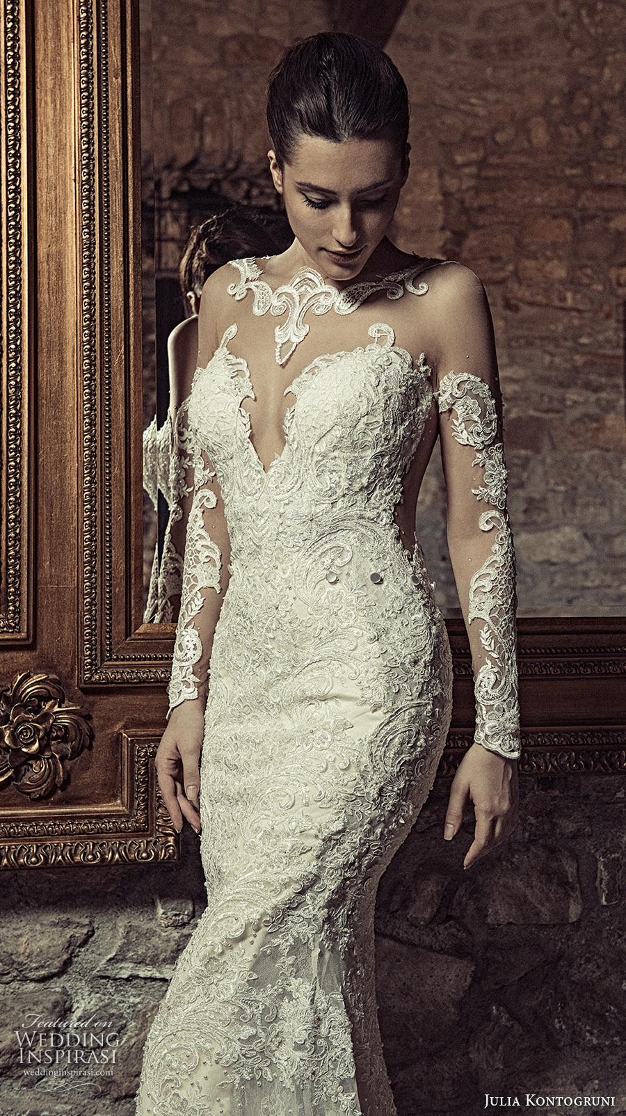 julia kontogruni 2017 bridal long sleeves illusion boat neck deep sweetheart neckline full embellishment sexy sophiscated sheath wedding dress racer back sweep train (6) zv