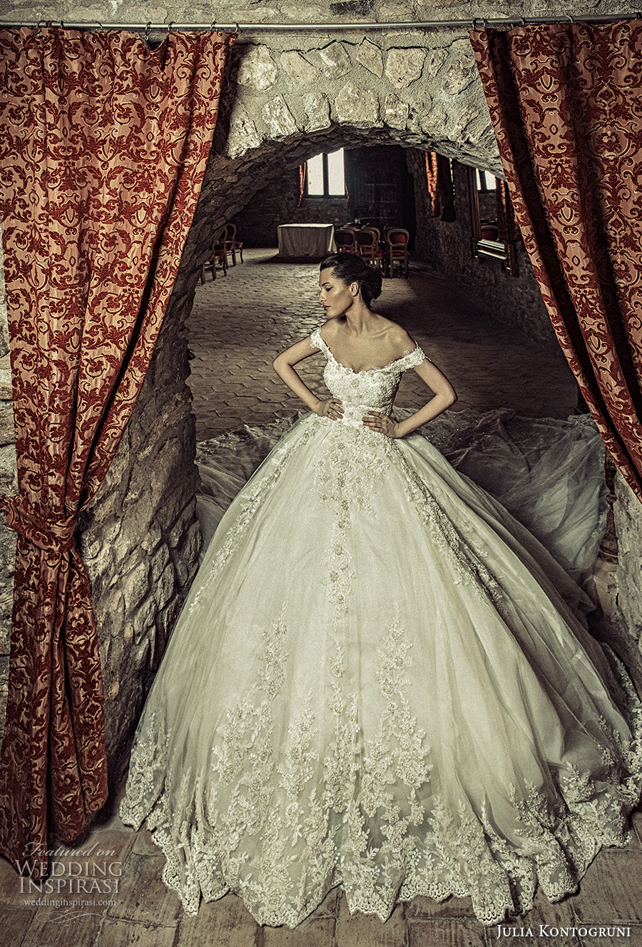 julia kontogruni 2017 bridal off the shoulders scoop neckline full embellishment princess ball gown wedding dress corset strap back royal train (2) mv