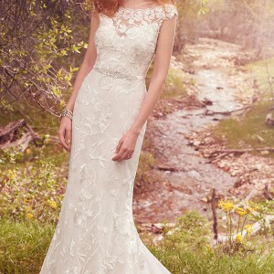 maggie sottero spring 2017 bridal cap sleeves bateau neck full embellishment elegant sheath wedding dress illusion back chapel train (gretchen) mv