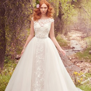maggie sottero spring 2017 bridal cap sleeves bateau neck full embellishment princess a  line wedding dress overskirt illusion back chapel train (gretchen) mv