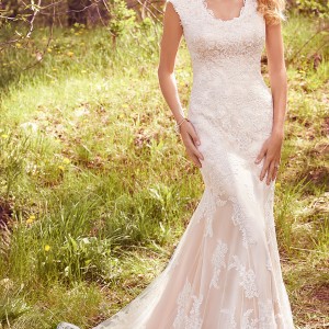 maggie sottero spring 2017 bridal cap sleeves scoop neckline full embellishment elegant conservative fit and flare sheath wedding dress full back chapel train (elsa) mv