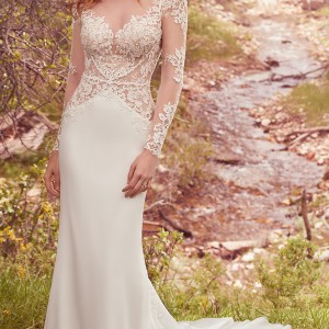 maggie sottero spring 2017 bridal long sleeves illusion bateau sweetheart neckline heavily embellished bodice elegant sheath wedding dress keyhole back chapel train (blanche) mv