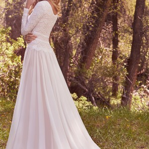maggie sottero spring 2017 bridal long sleeves jewel neckline heavily embellished bodice conservative bohemian modified a  line wedding dress full back chapel train (deirdre marie) bv