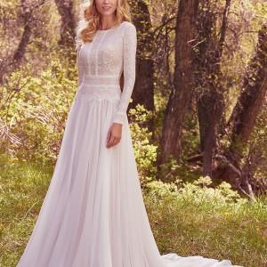 maggie sottero spring 2017 bridal long sleeves jewel neckline heavily embellished bodice conservative bohemian modified a  line wedding dress full back chapel train (deirdre marie) mv