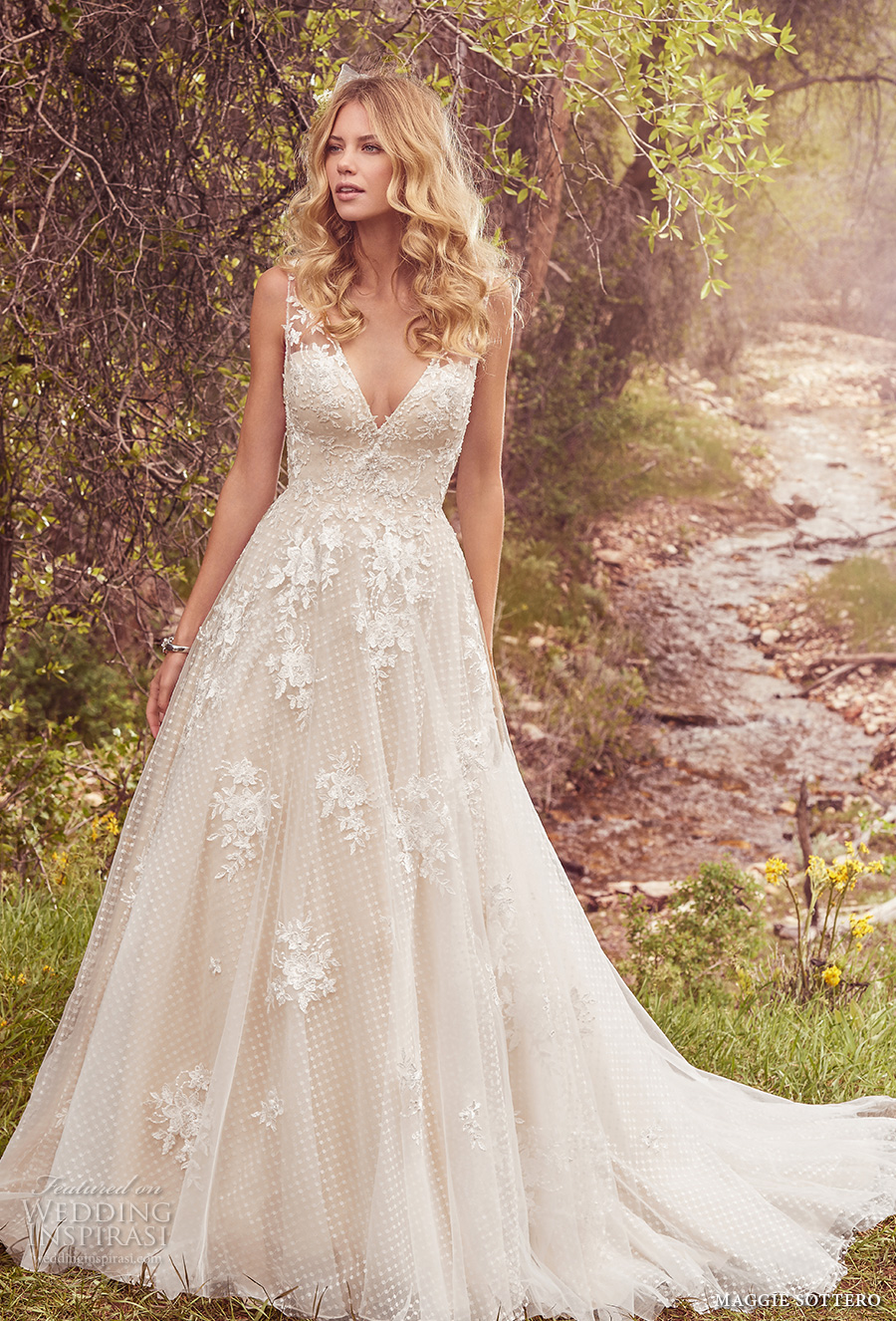 maggie sottero spring 2017 bridal sleeveless lace strap deep v neck heavily embellished bodice romantic a  line wedding dress low back chapel train (meryl) mv