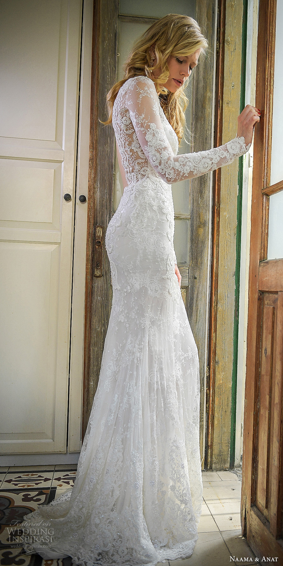 naamat and anat 2017 bridal long sleeves deep plunging v neck full embellishment elegant sexy sheath wedding dress low back sweep train (libertis) sdv 