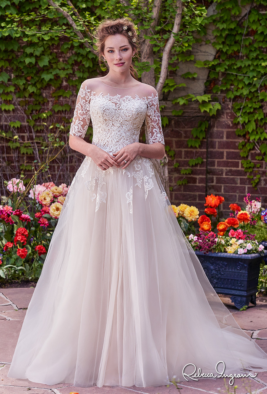 rebecca ingram 2017 bridal half sleeves illusion jewel straight across neckline heavily embellished bodice romantic princess ball gown a  line wedding dress lace back chapel train (yvonne) mv