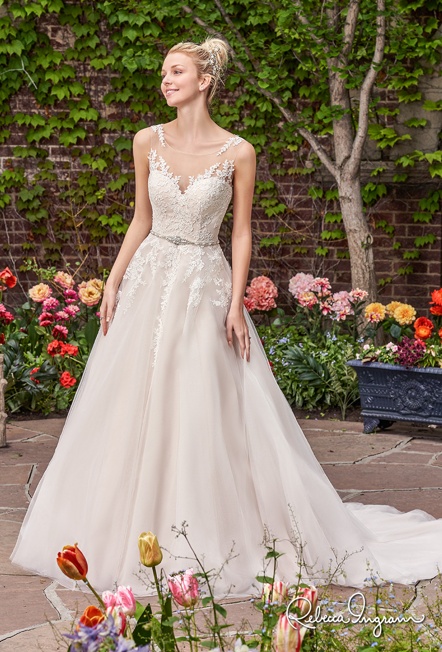 rebecca ingram 2017 bridal sleeveless illusion jewel sweetheart necline heavily embellished bodice blush color illusion back chapel train (olivia) mv