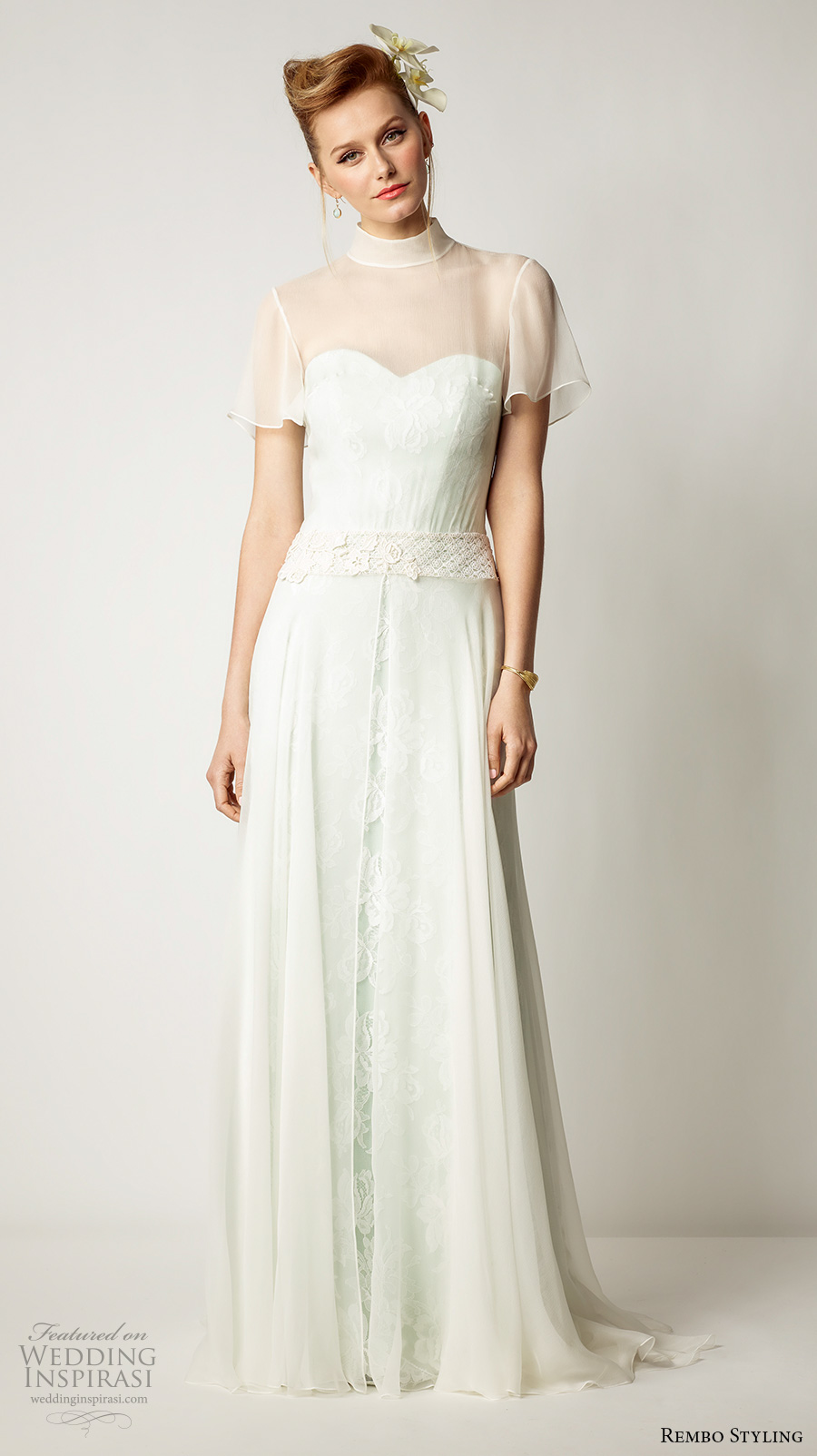 rembo styling 2017 bridal half flutter sleeves sheer high neck sweetheart neckline elegant column a  line wedding dress sweep train (magnolia) mv