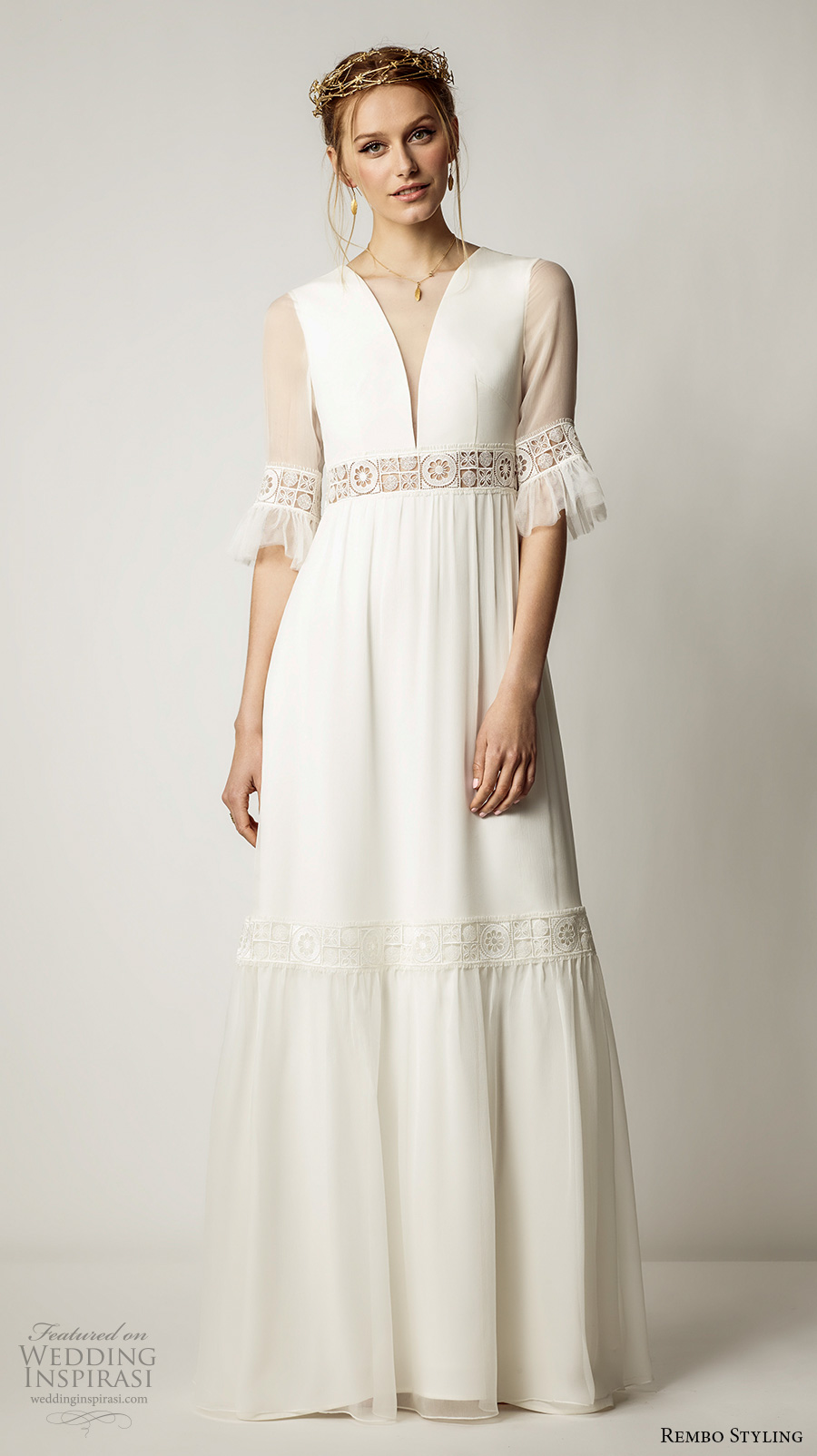rembo styling 2017 bridal illusion half flounce sleeves deep plunging v neck simple bohemian sheath wedding dress illusion back sweep train (anabelle) mv rembo styling 2017 bridal illusion half flounce sleeves deep plunging v neck simple bohemian sheath wedding dress illusion back sweep train (anabelle) mv