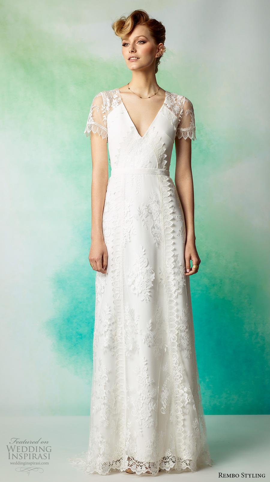 rembo styling 2017 bridal lace cap sleeves v neck full embellishment vintage elegant column wedding dress lace back sweep train (jazz) mv