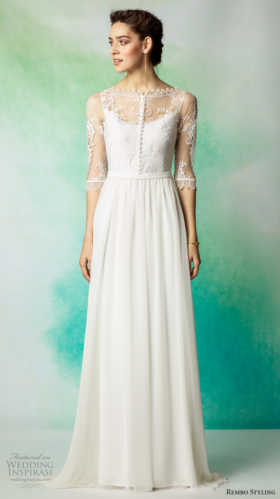 rembo styling 2017 bridal lace half sleeves illusion bateau scoop neck heavily embellished bodice bohemian romantic column modified a line wedding dress low back sweep train (lanza) mv rembo styling 2017 bridal lace half sleeves illusion bateau scoop neck heavily embellished bodice bohemian romantic column modified a line wedding dress low back sweep train (lanza) mv