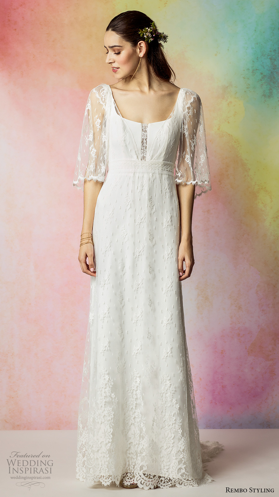 rembo styling 2017 bridal lace half sleeves square neck full embellishment bohemian column wedding dress sweep train (floreal) mv rembo styling 2017 bridal lace half sleeves square neck full embellishment bohemian column wedding dress sweep train (floreal) mv