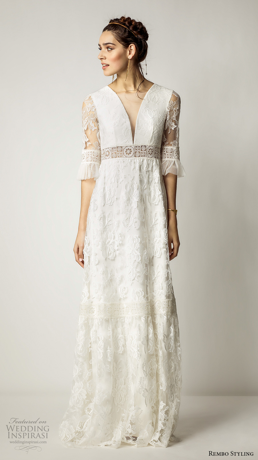 rembo styling 2017 bridal lace half sleeves v neck full embellishment bohemian vintage sheath wedding dress lace back sweep train (alberta) mv