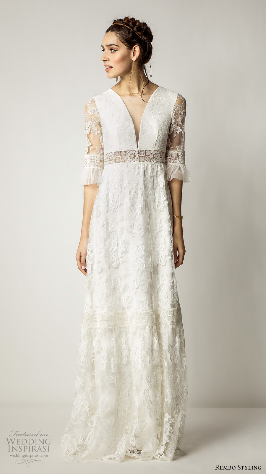 rembo styling 2017 bridal lace half sleeves v neck full embellishment bohemian vintage sheath wedding dress lace back sweep train (alberta) mv rembo styling 2017 bridal lace half sleeves v neck full embellishment bohemian vintage sheath wedding dress lace back sweep train (alberta) mv