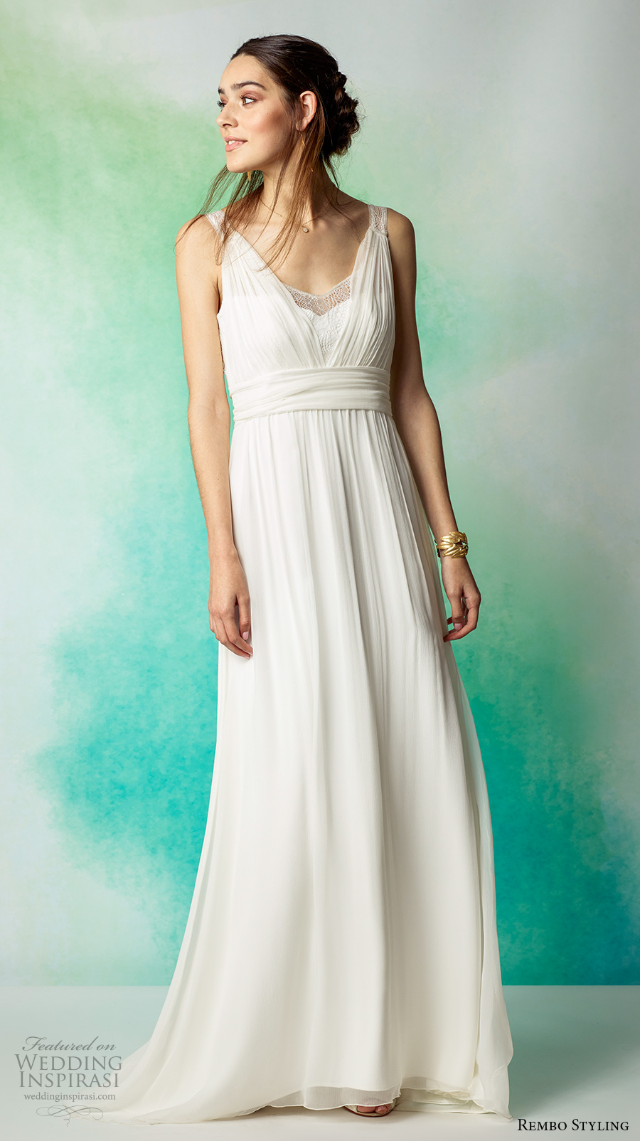 rembo styling 2017 bridal sleeveless v neck pleated draped grecian romantic modified a  line wedding dress v back sweep train (ezra) mv
