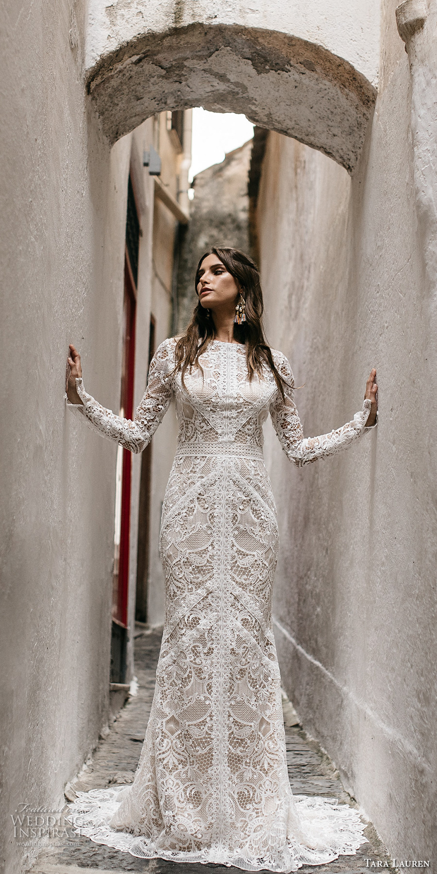 tara lauren spring 2017 bridal long sleeves jewel neck full embroidered elegant bohemian lace trumpet sheath wedding dress keyhole back short train (felix) mv