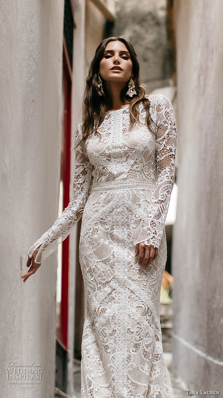 tara lauren spring 2017 bridal long sleeves jewel neck full embroidered elegant bohemian lace trumpet sheath wedding dress keyhole back short train (felix) zv