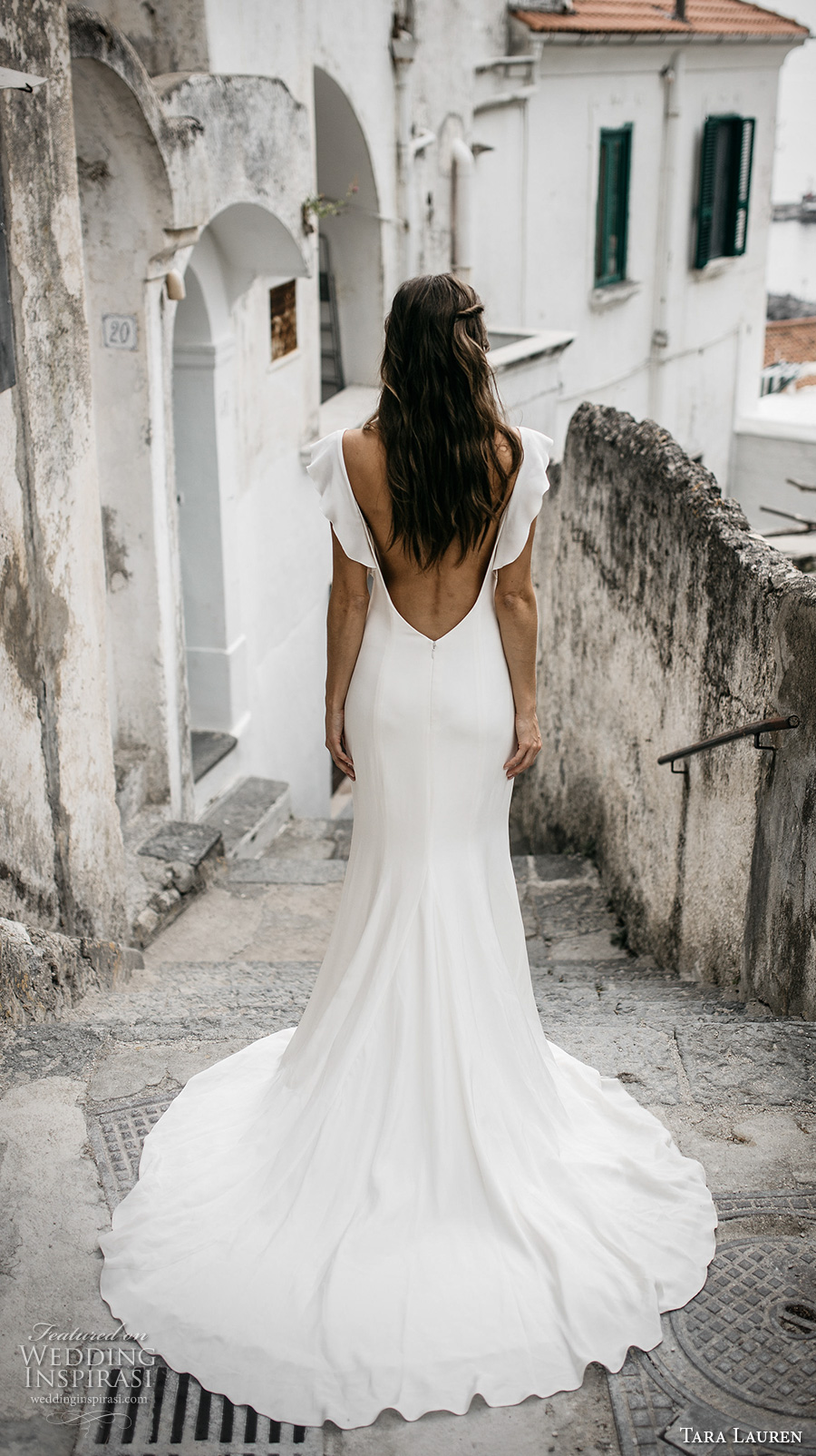 tara lauren spring 2017 bridal short butterfly sleeves bateau neck simple clean bodice elegant trumpet sheath wedding dress low back chapel train (camille) bv