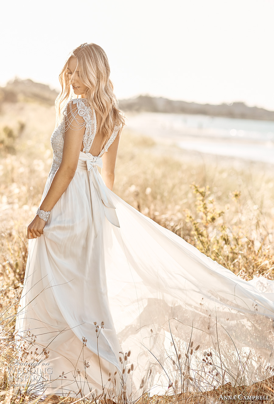 anna campbell 2017 bridal cap sleeves scoop neck heavily embellished bodice romantic bohemian empire wedding dress ribbon back sweep train (grace) bv