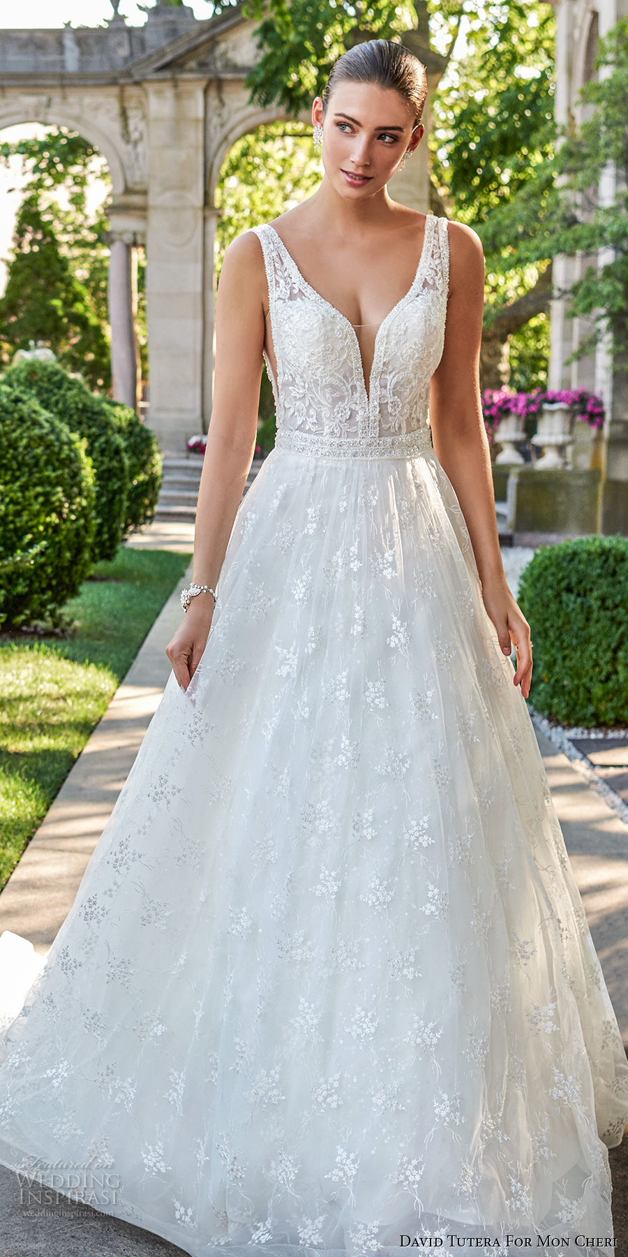 david tutera mc spring 2017 bridal sleeevless deep plunging v neck heavily embellished bodice romantic sexy ball gown a  line wedding dress open v back sweep train (117271) fv