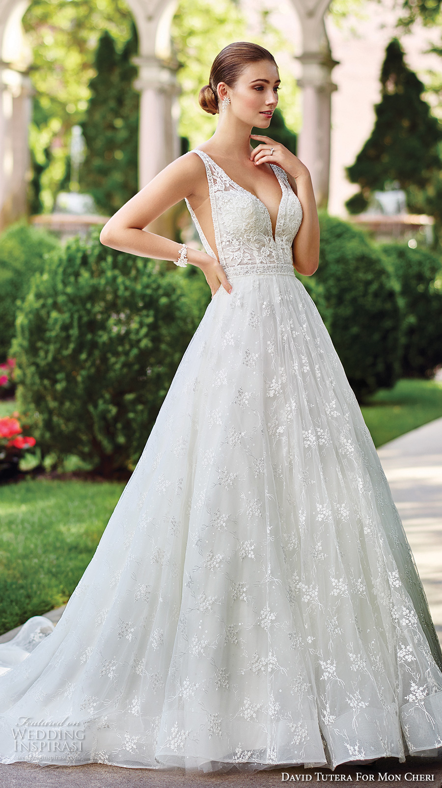 david tutera mc spring 2017 bridal sleeveless deep plunging v neck side open heavily embellished bodice sexy romantic a  line wedding dress open v back chapel train (117271) fv