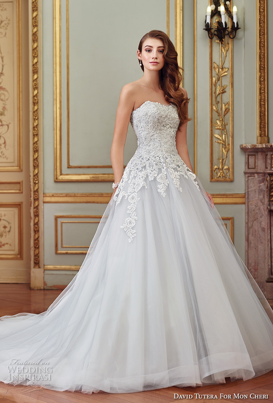 david tutera mc spring 2017 bridal strapless semi sweetheart neckline heavily embellished bodice tulle skirt romantic princess blue color a  line wedding dress chapel train (117270) mv