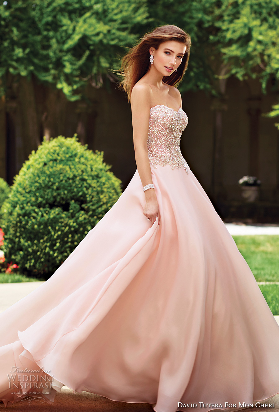 david tutera mc spring 2017 bridal strapless sweethart neckline heavily embellished bodice romantic princess pink color ball gown a  line wedding dress chapel train (117266) fv