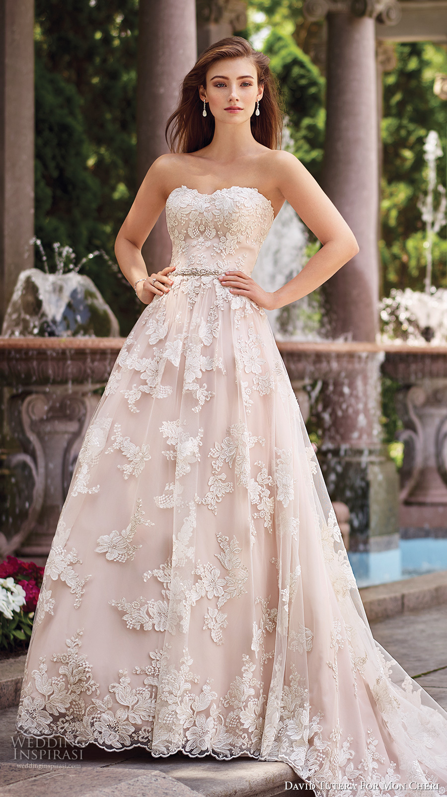 david tutera mc spring 2017 bridal strapless sweetheart neckline full embellishment lace romantic blush color a  line wedding dress chapel train (117276) mv