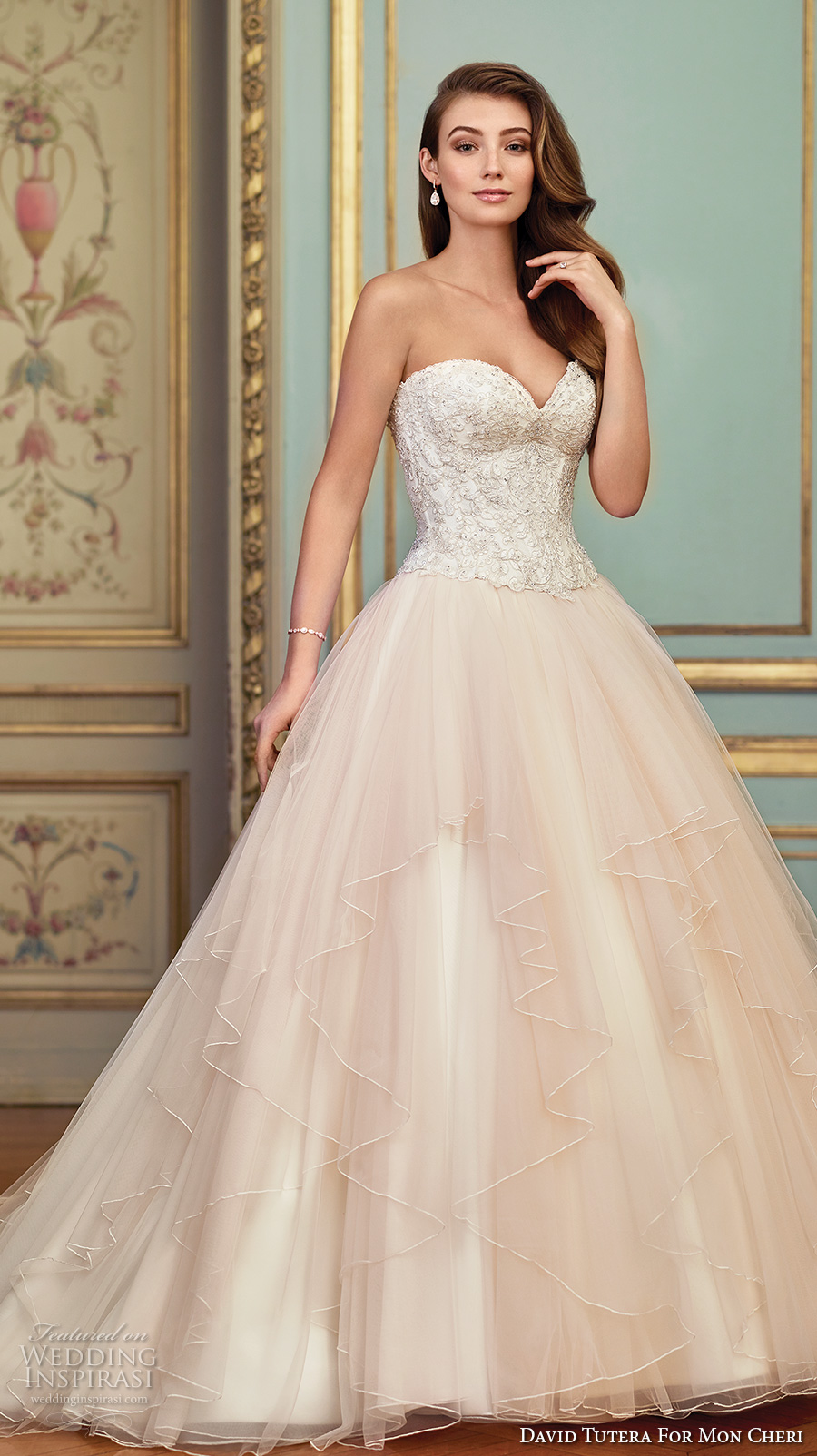 david tutera mc spring 2017 bridal strapless sweetheart neckline heavily embellished bodice bustier tulle skirt romantic princess ivory color a  line wedding dress chapel train (117285) mv