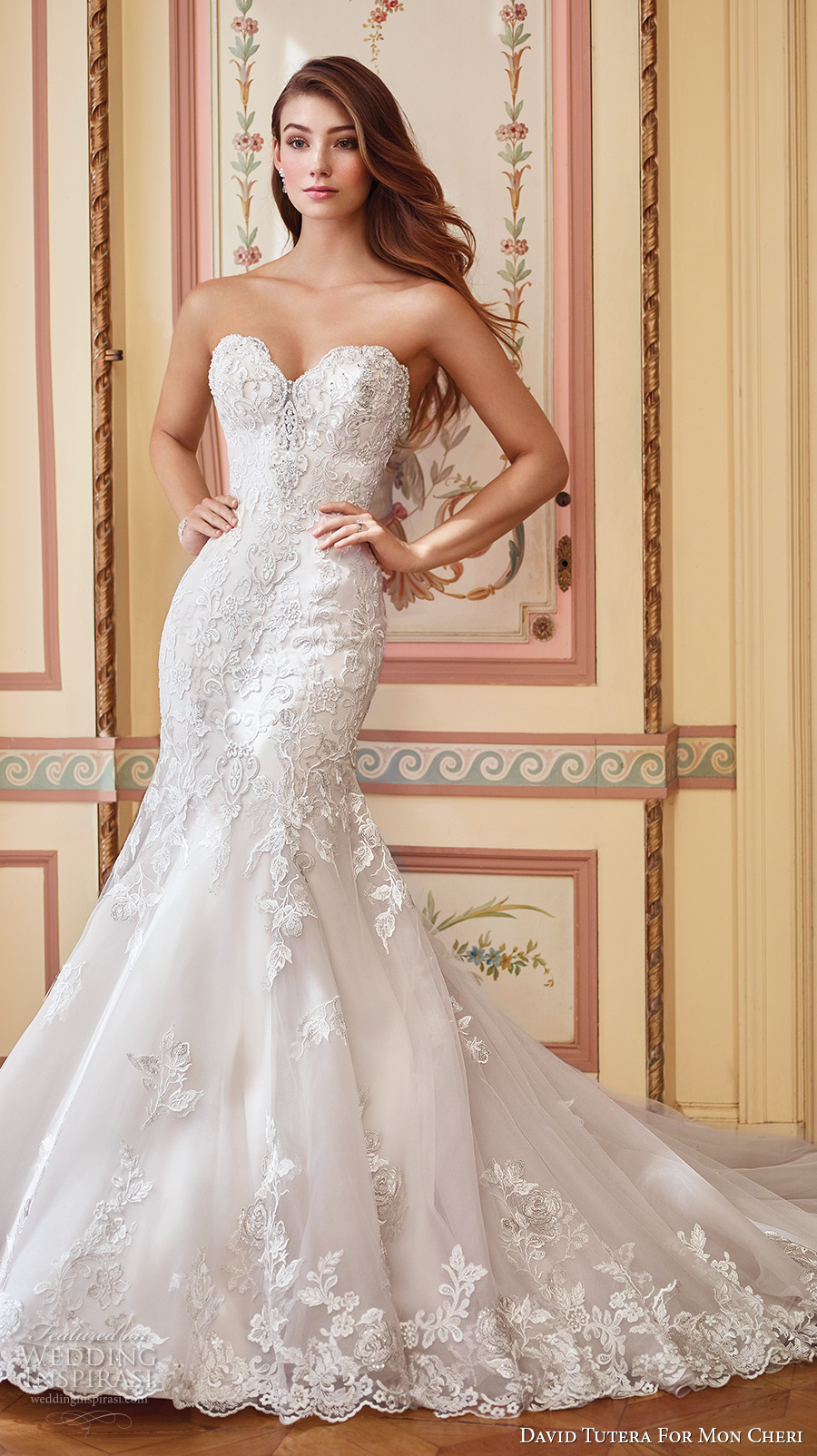 david tutera mc spring 2017 bridal strapless sweetheart neckline heavily embellished bodice elegant sexy fit and flare wedding dress chapel train (117284) mv