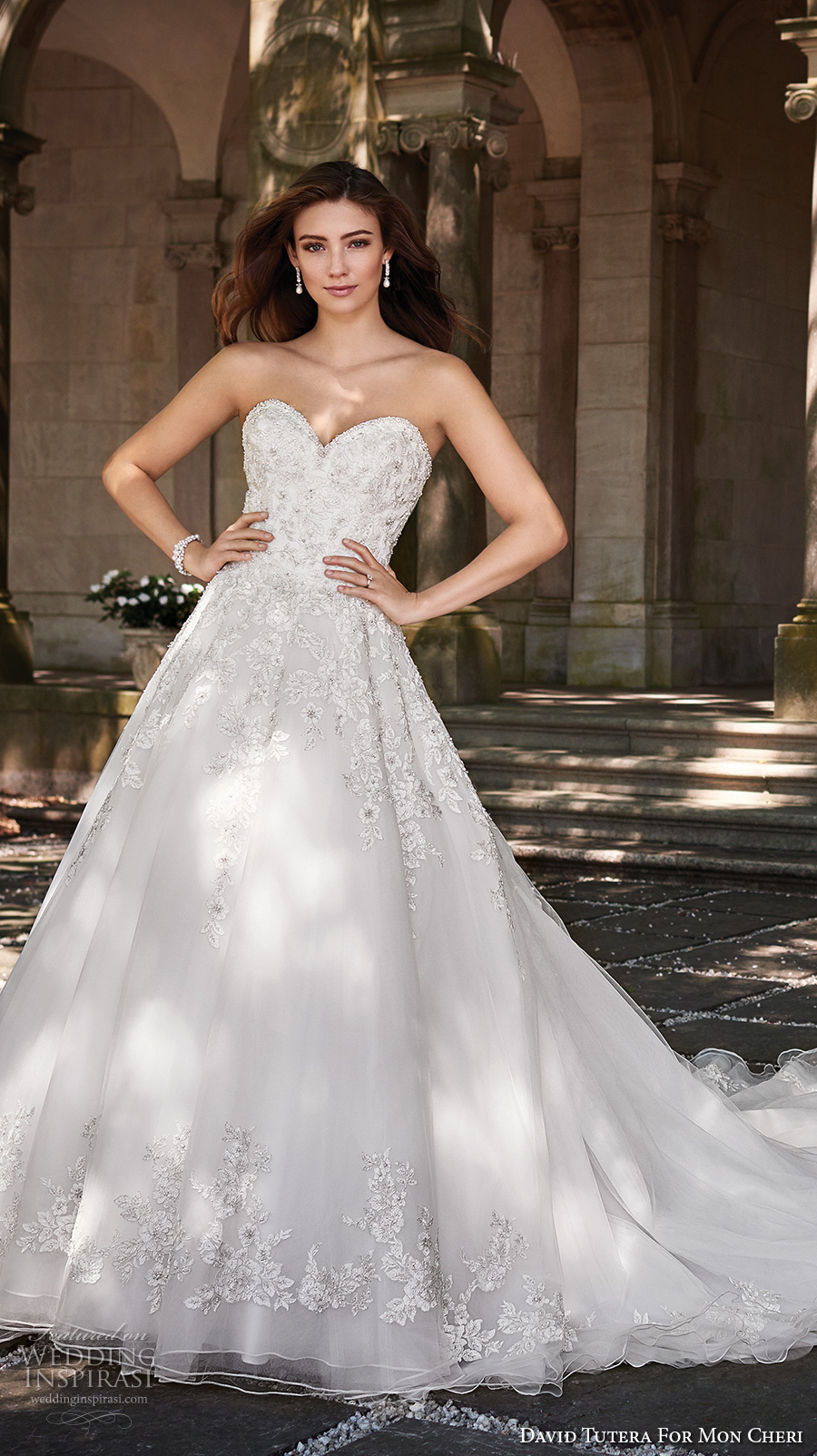 david tutera mc spring 2017 bridal strapless sweetheart neckline heavily embellished bodice romantic princess a  line wedding dress chapel train (117281) mv