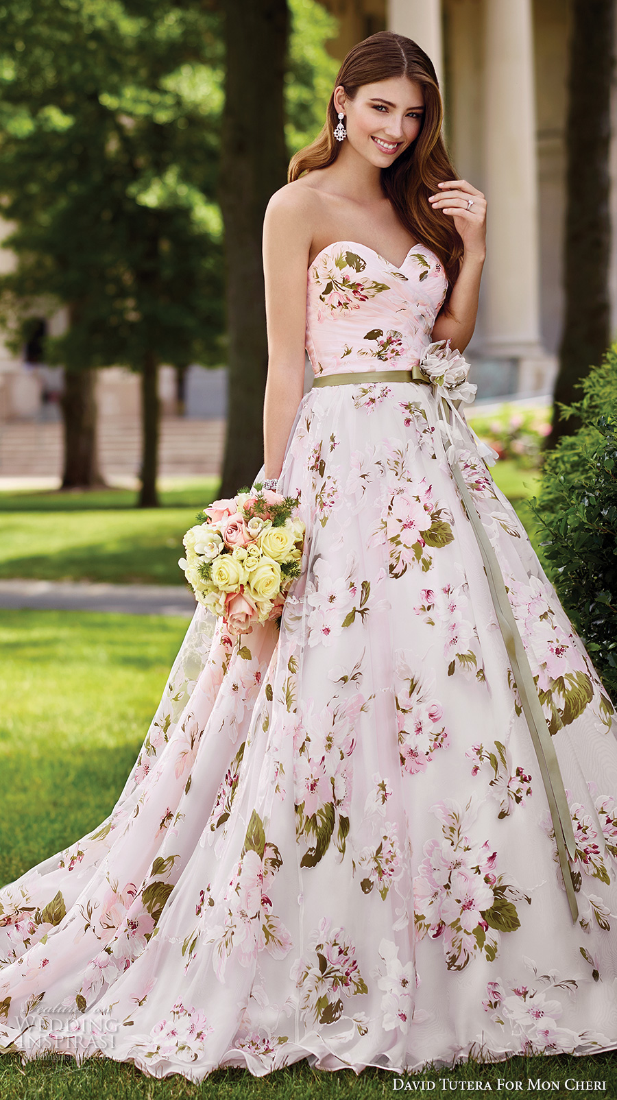 david tutera mc spring 2017 bridal strapless sweetheart neckline ruched bodice floral prints pink color romantic ball gown a  line wedding dress chapel train (117283) mv