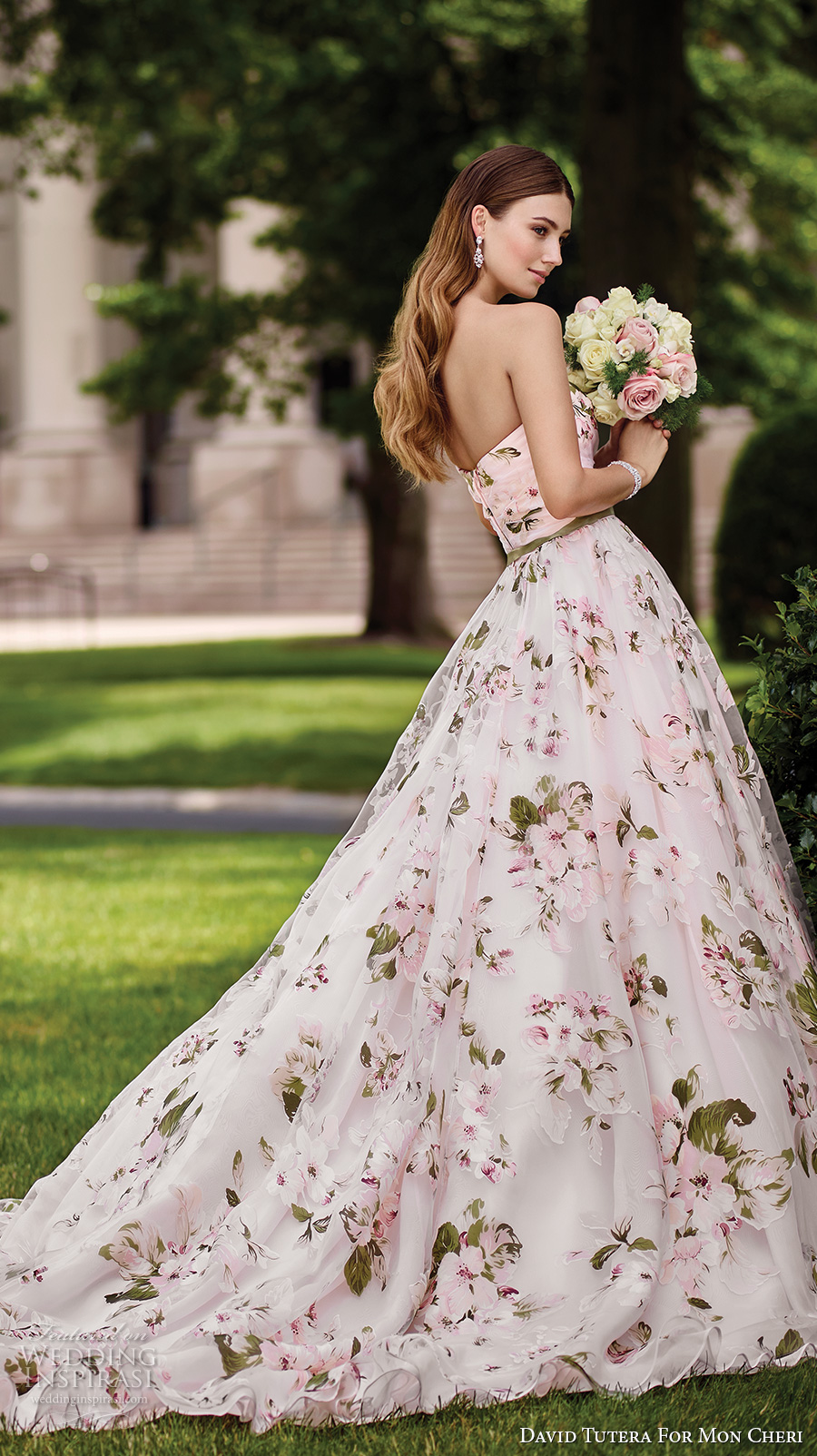 david tutera mc spring 2017 bridal strapless sweetheart neckline ruched bodice floral prints pink color romantic ball gown a  line wedding dress chapel train (117283) sdv